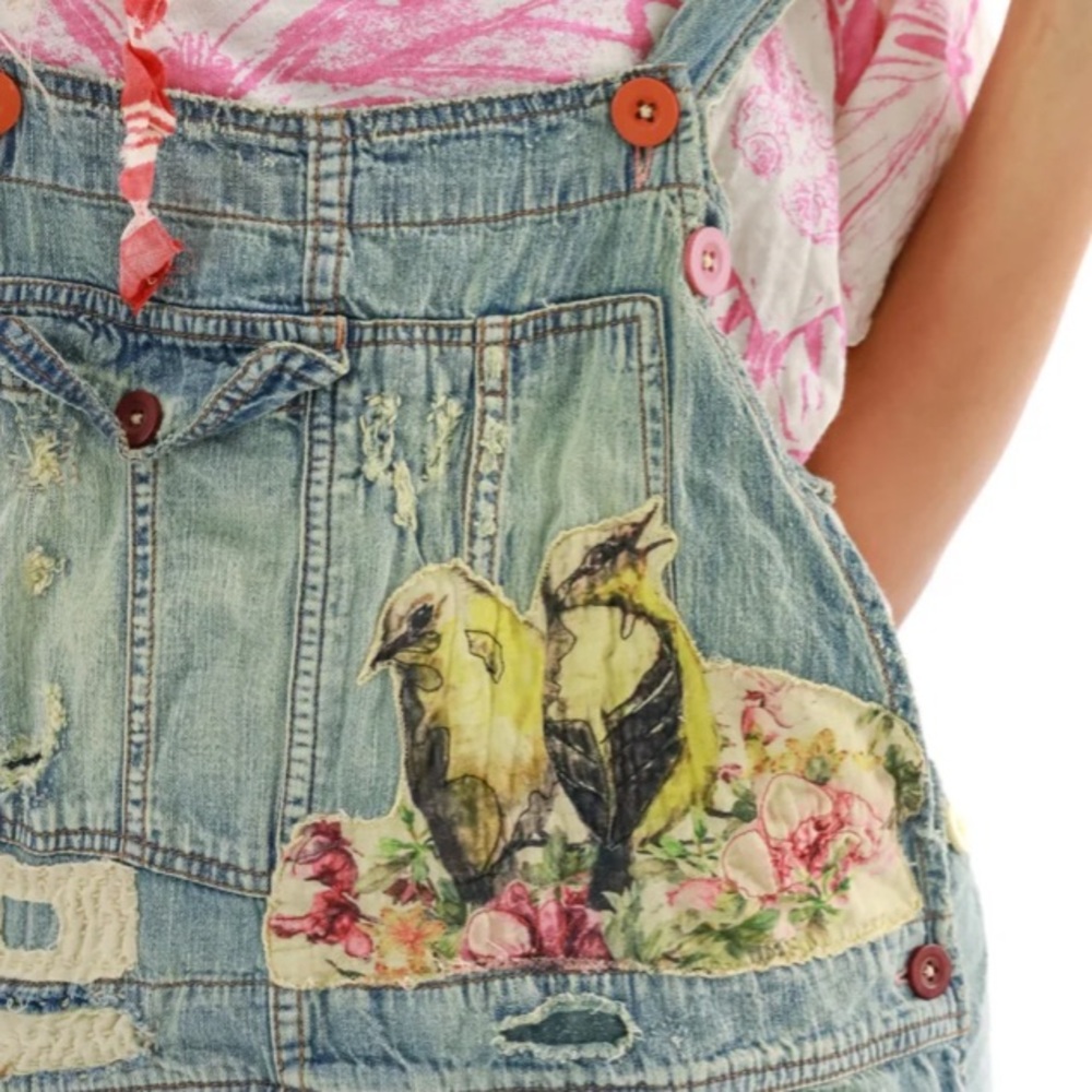 Magnolia Pearl/Free People Floral Appliqué Denim Overalls - Vintage - OS - NWT - Picture 5 of 16